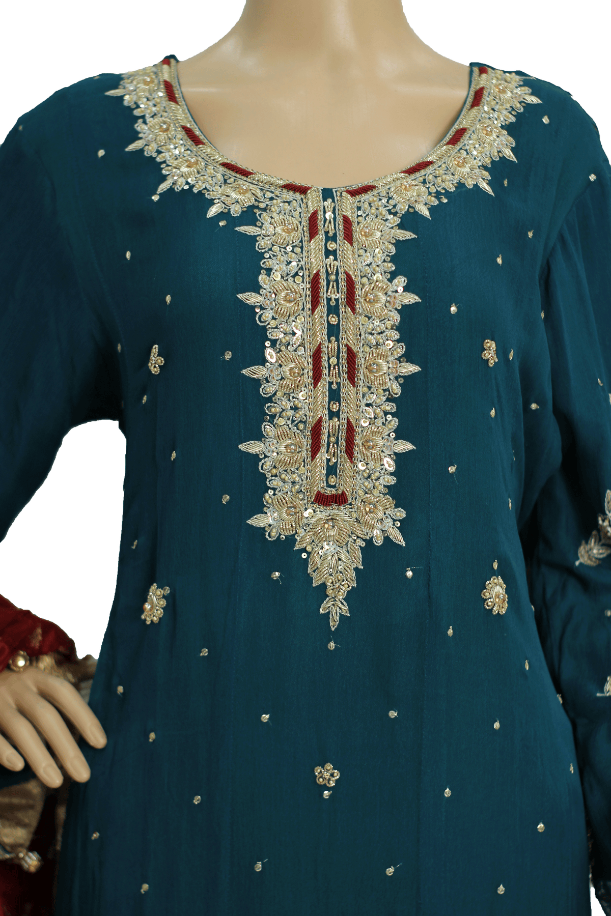 Dark Green Hand Work Chiffon Suit with Red Dupatta and Raw Silk Trouser KF-0102
