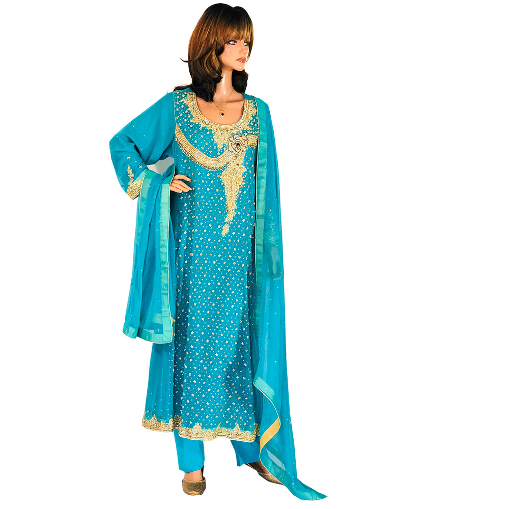 Turquoise Hand Work Chiffon Maxi with Banarsi Jamawar Piping, Long Party Wear 013