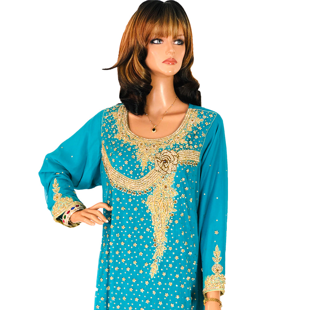 Turquoise Hand Work Chiffon Maxi with Banarsi Jamawar Piping, Long Party Wear 013