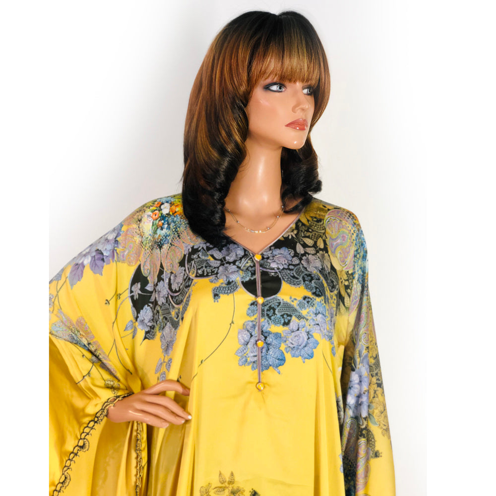 Yellow Floral Print Silk Kaftan, Kaftan-002