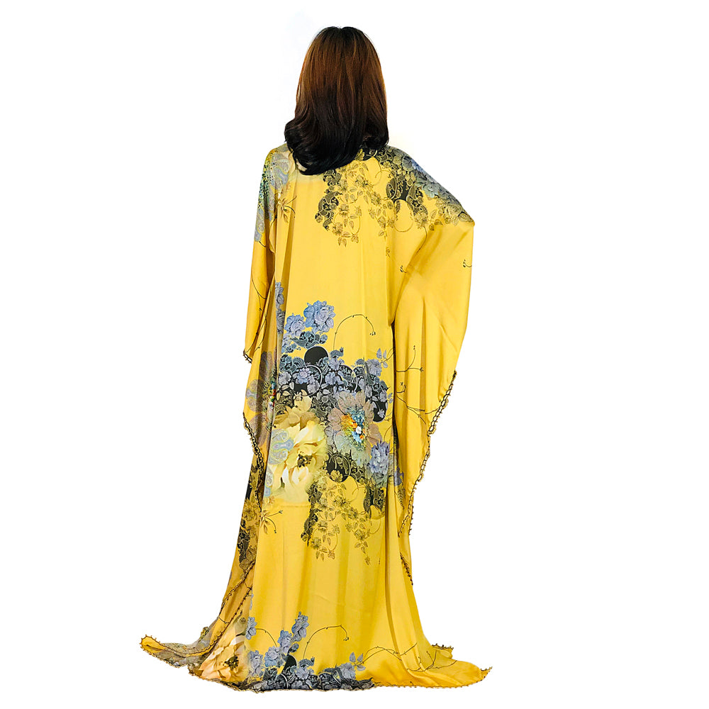 Yellow Floral Print Silk Kaftan, Kaftan-002