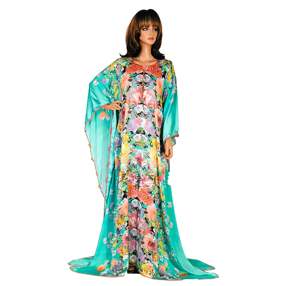Turquoise Floral Print Silk Kaftan, Kaftan-003