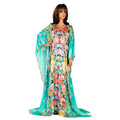 Turquoise Floral Print Silk Kaftan, Kaftan-003