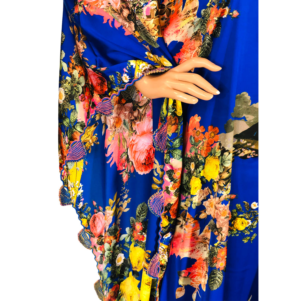 Royal Blue Floral Print Silk Kaftan, Kaftan-004