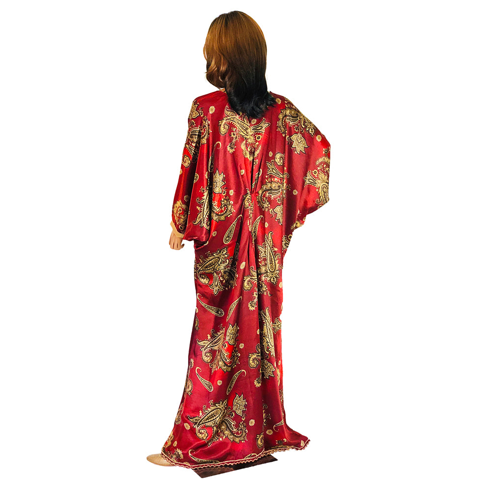 Red and Gold Paisley Print Silk Kaftan, Kaftan-006