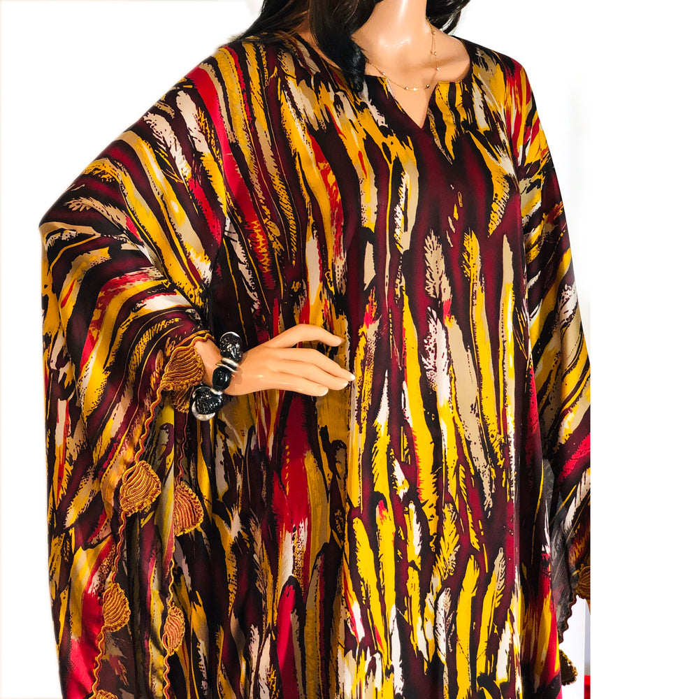 Yellow and Maroon Abstract Print Silk Kaftan, Kaftan-012