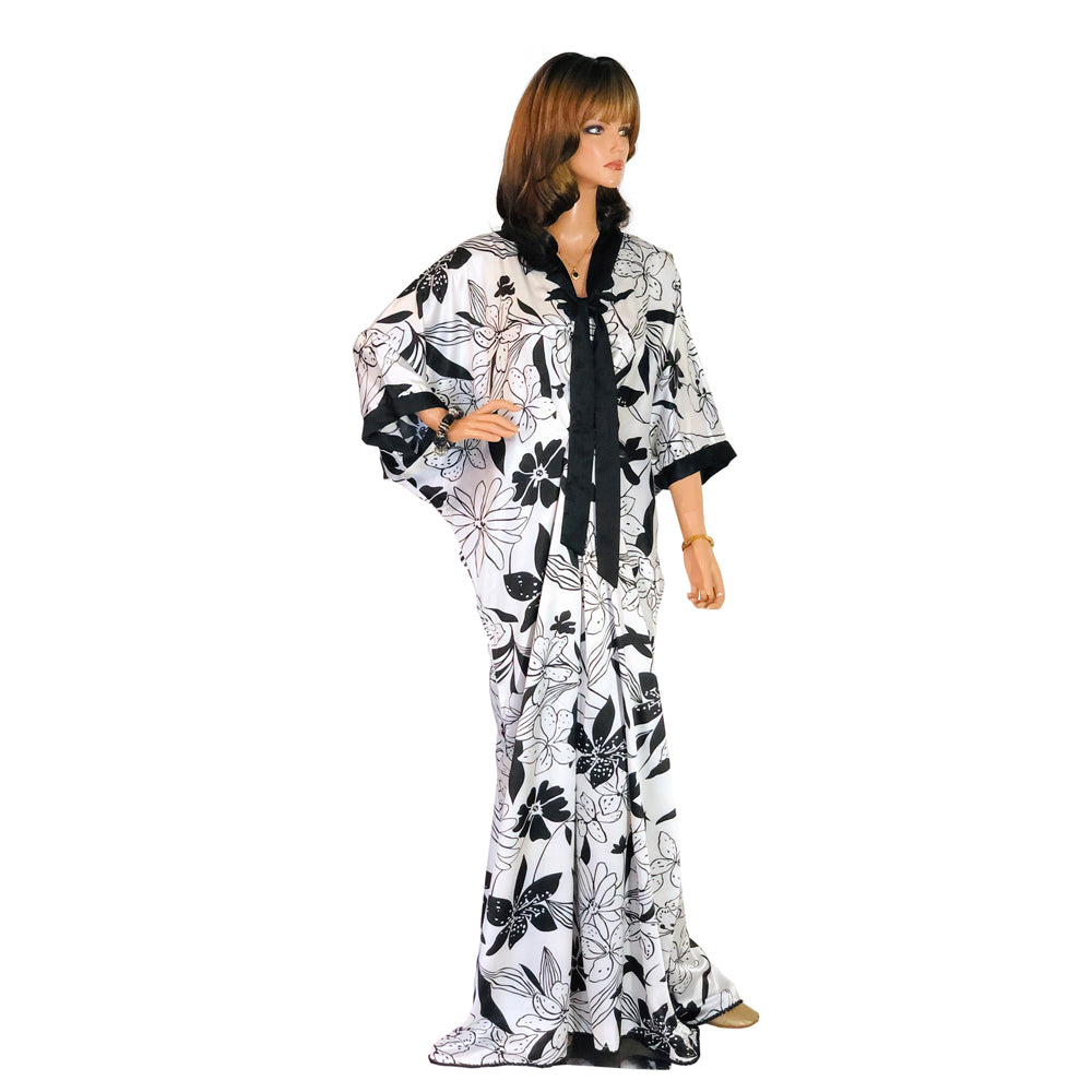 Black and White Floral Print Silk Kaftan, Kaftan-010
