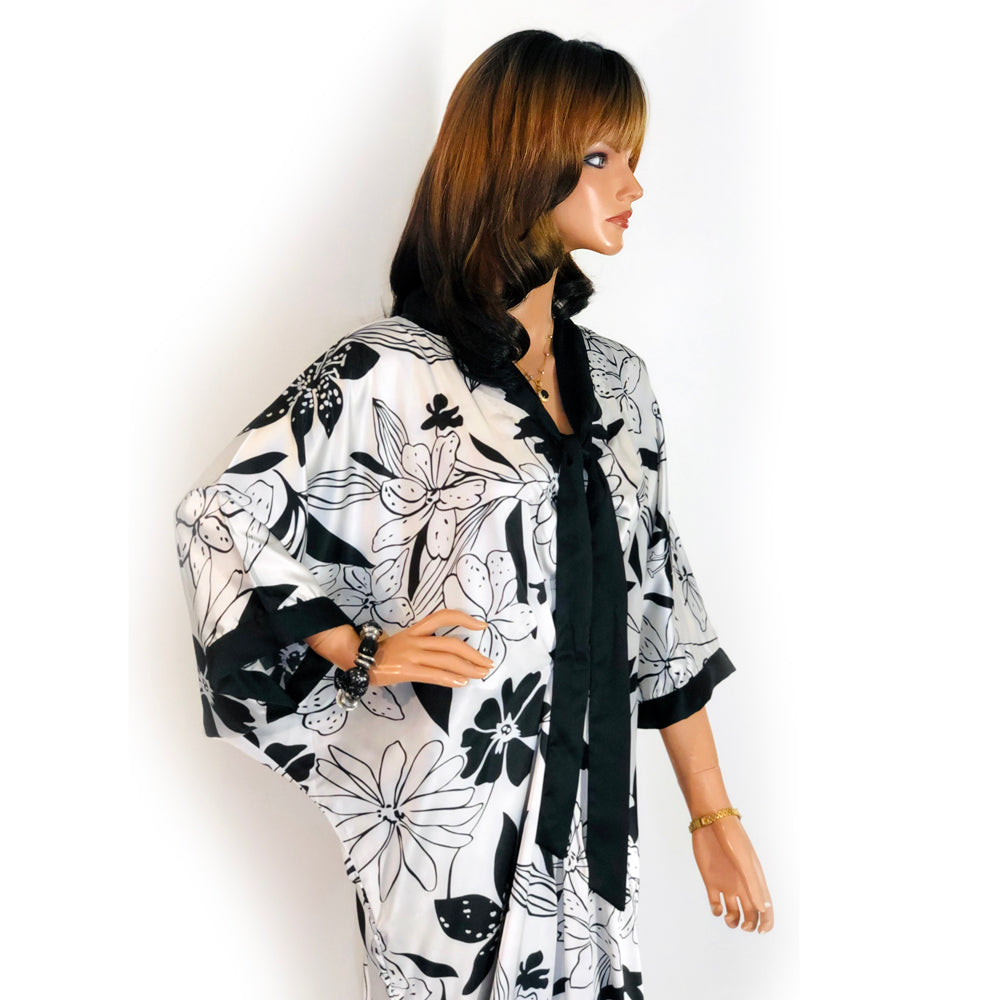 Black and White Floral Print Silk Kaftan, Kaftan-010