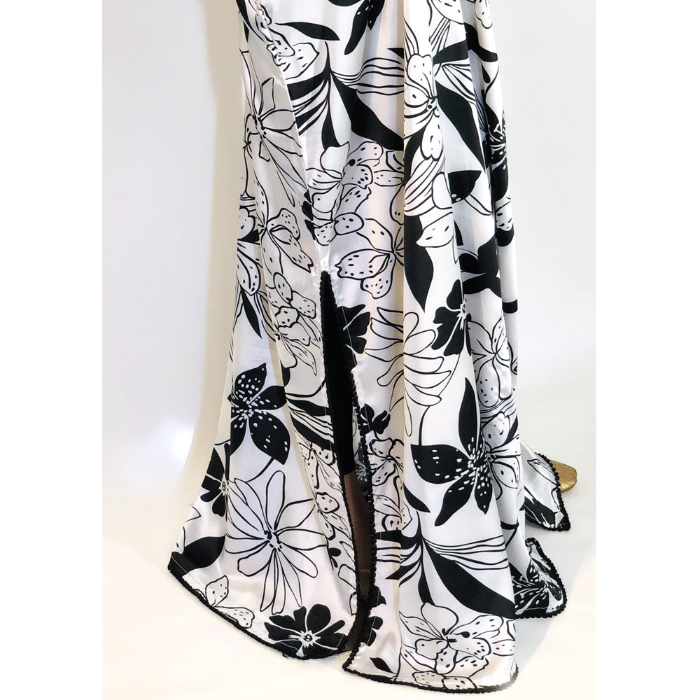 Black and White Floral Print Silk Kaftan, Kaftan-010