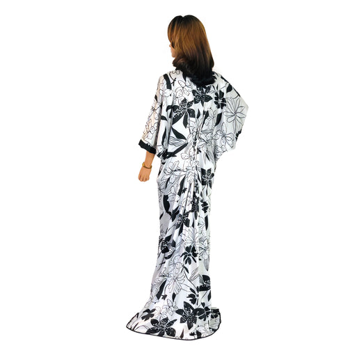 Black and White Floral Print Silk Kaftan, Kaftan-010