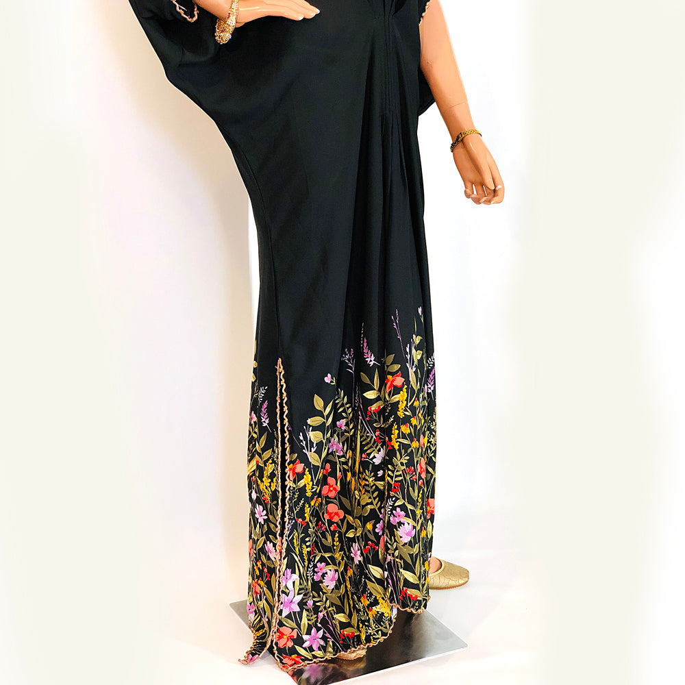 Black Georgette Kaftan with Floral Printed Border, Kaftan-011
