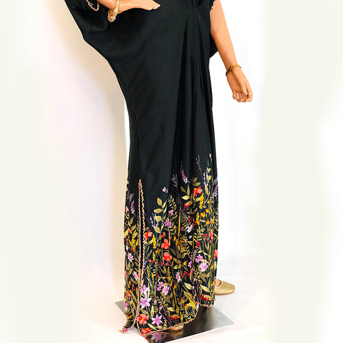 Black Georgette Kaftan with Floral Printed Border, Kaftan-011