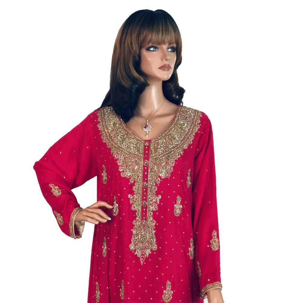 Magenta Dabka and Stone Work Semi Chiffon Long Party Dress, Long Party Wear 001