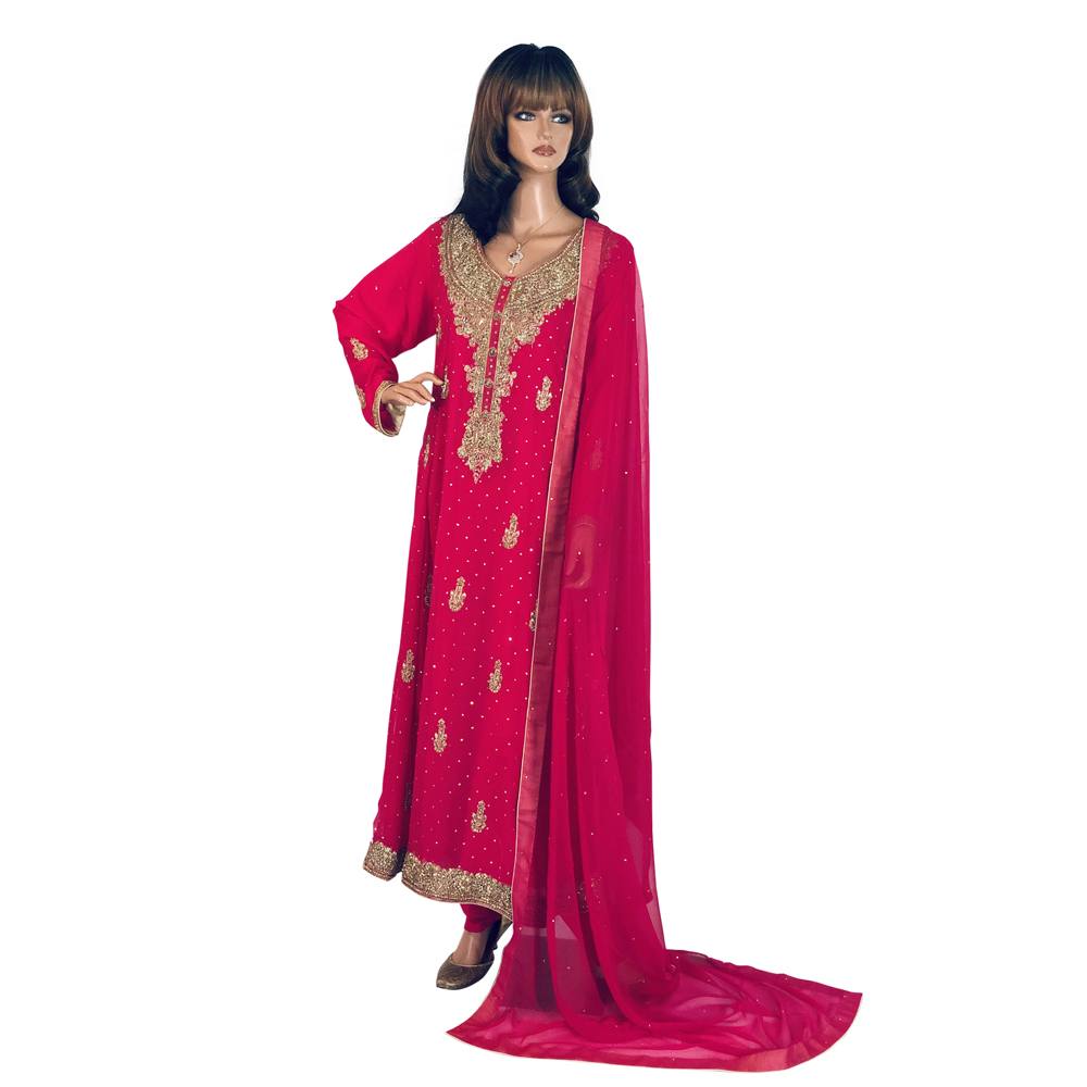Magenta Dabka and Stone Work Semi Chiffon Long Party Dress, Long Party Wear 001