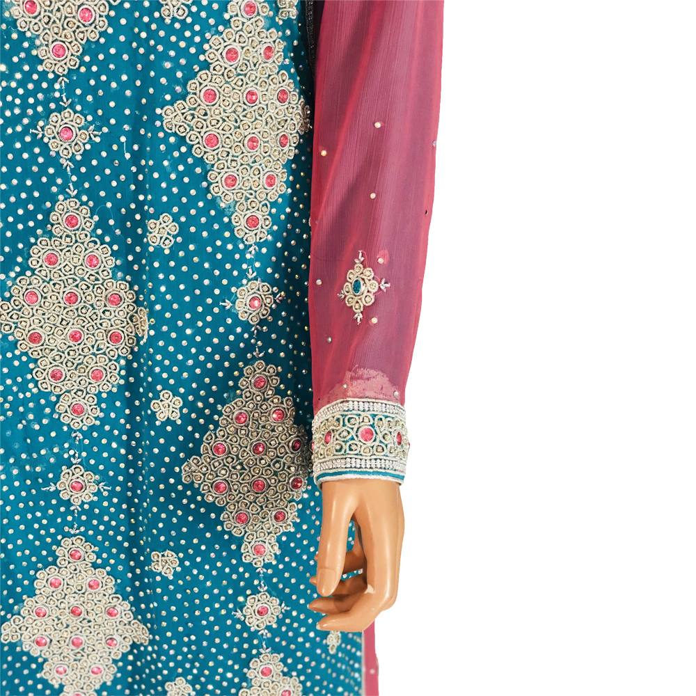 Turquoise Nug, Dabka and Stone Work Chiffon Long Party Dress, Long Party Wear 002