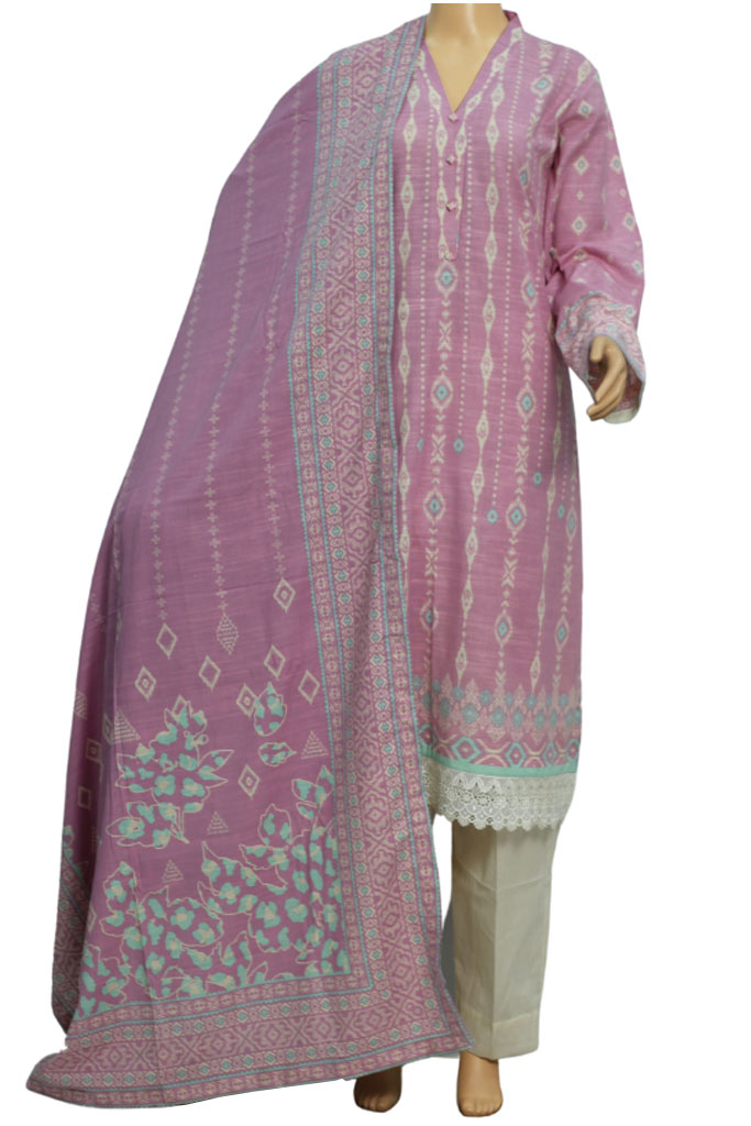 Pink and Off White Printed Khaddar 3 Piece Suit, 3 pcs 002
