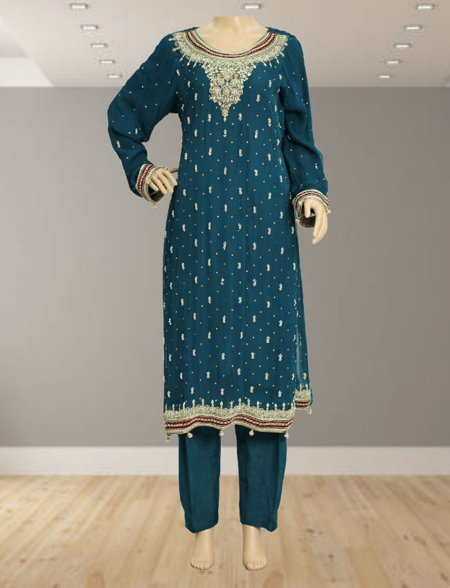 Dark Green Hand Work Chiffon Suit with Red Dupatta and Raw Silk Trouser KF-27184