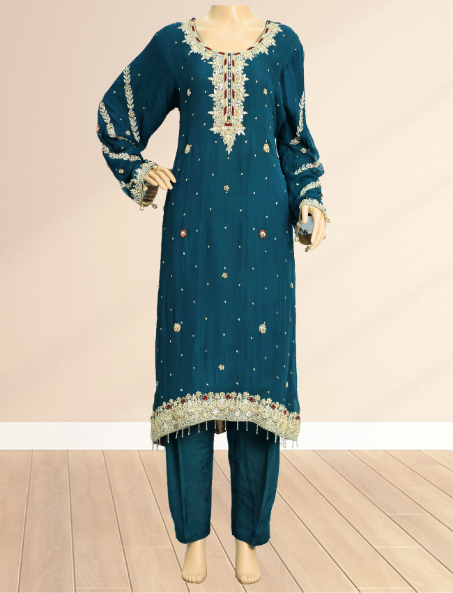 Dark Green Hand Work Chiffon Suit with Red Dupatta and Raw Silk Trouser KF-0102