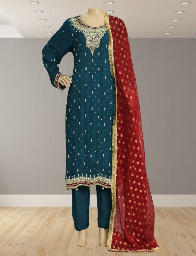Dark Green Hand Work Chiffon Suit with Red Dupatta and Raw Silk Trouser KF-27184