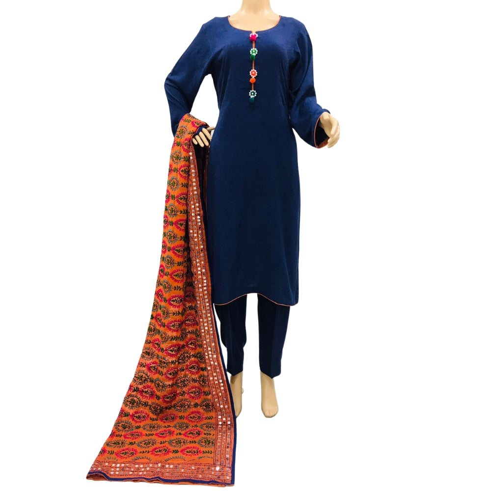Navy Blue Plain Self Linen 3 Piece Suit with Phulwary Dupatta, 3 pcs 016