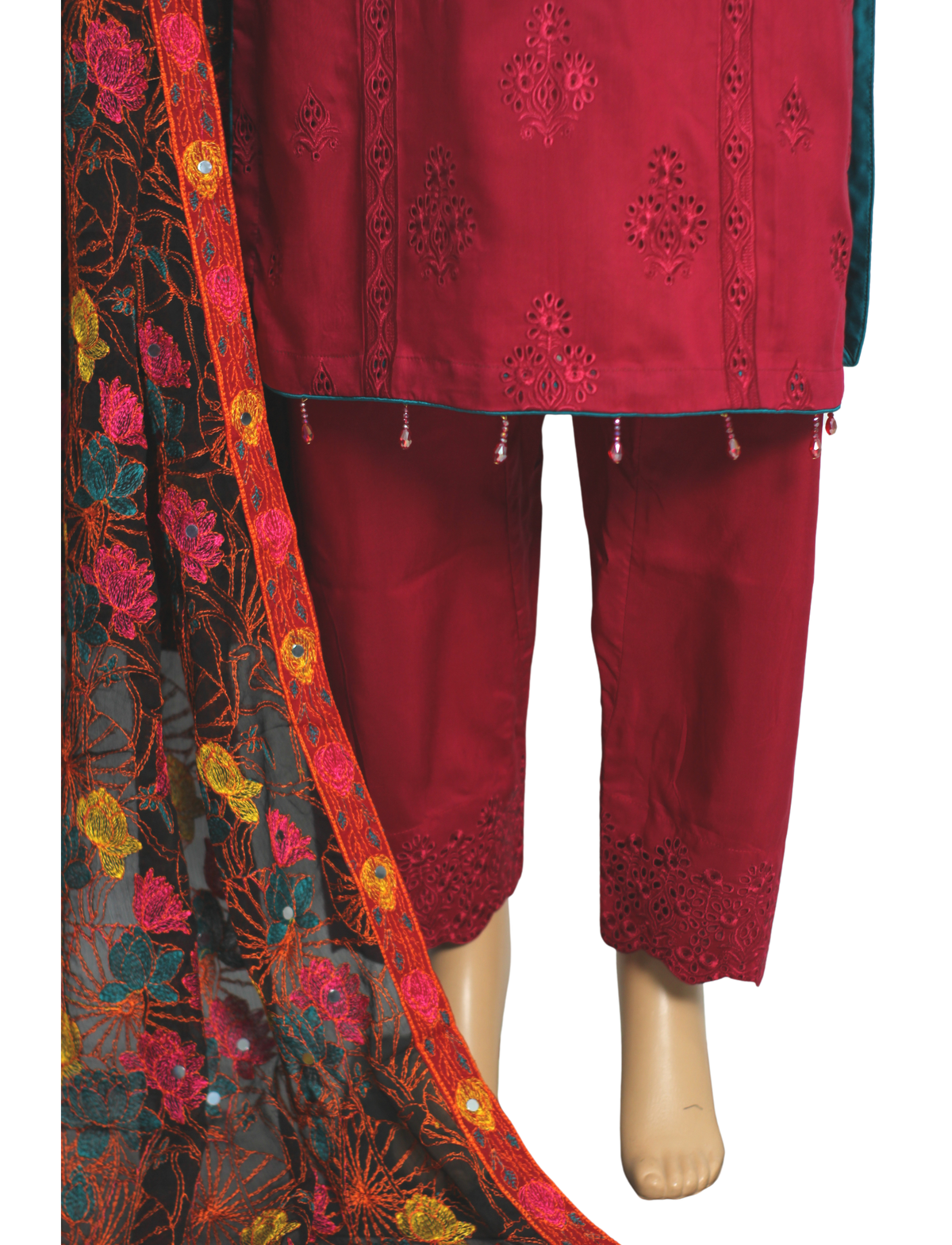 Shocking Pink Embroidered Viscose 3 Piece Suit with Chiffon Dupatta KF-0020