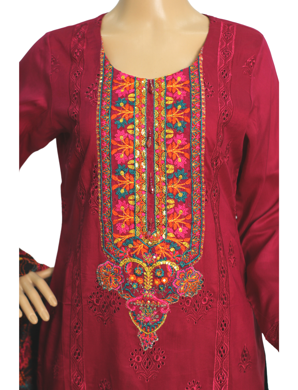Shocking Pink Embroidered Viscose 3 Piece Suit with Chiffon Dupatta KF-0020