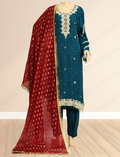 Dark Green Hand Work Chiffon Suit with Red Dupatta and Raw Silk Trouser KF-0102