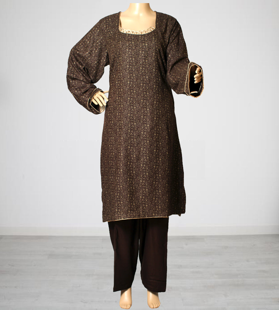 Brown and Gold Print Linen 3 Piece Suit with Matching Shawl, KF-24847