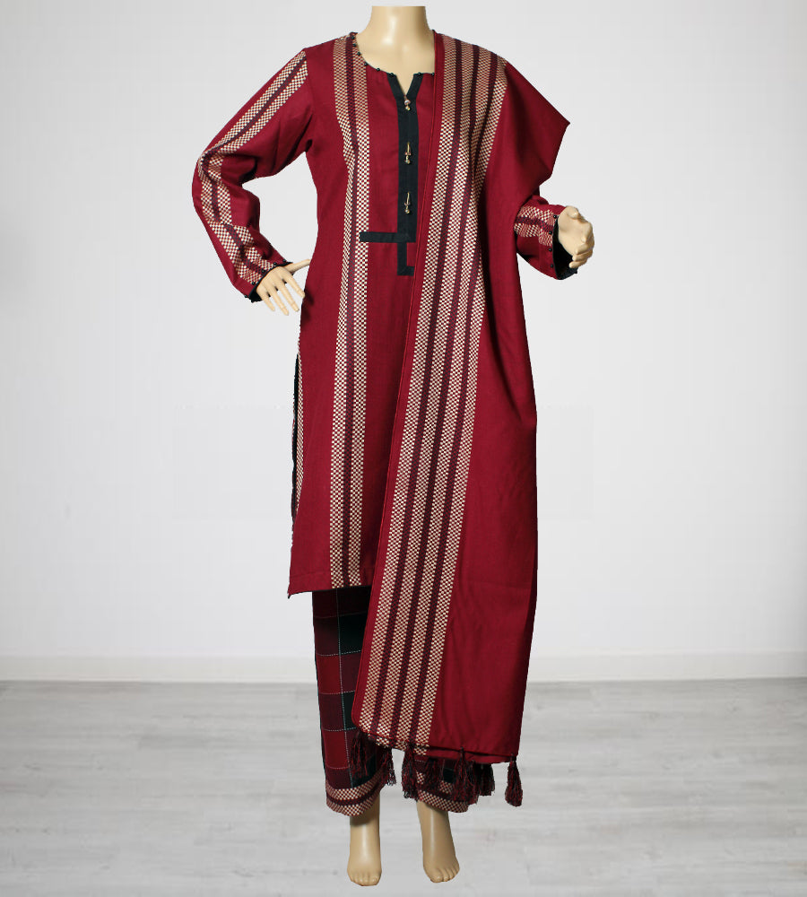 Red Striped Linen 3 Piece Suit with Check Shawl