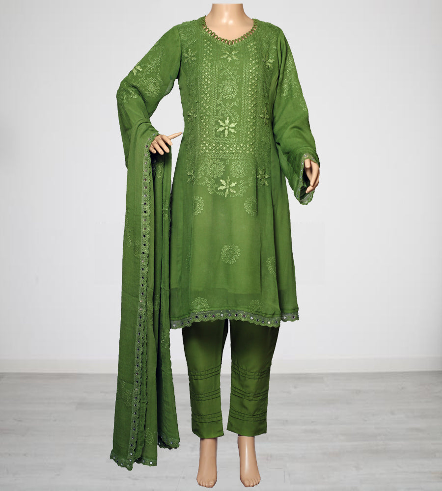 Green Hand Thread and Mirror Work Chiffon Suit with Organza Lace, Panel Style