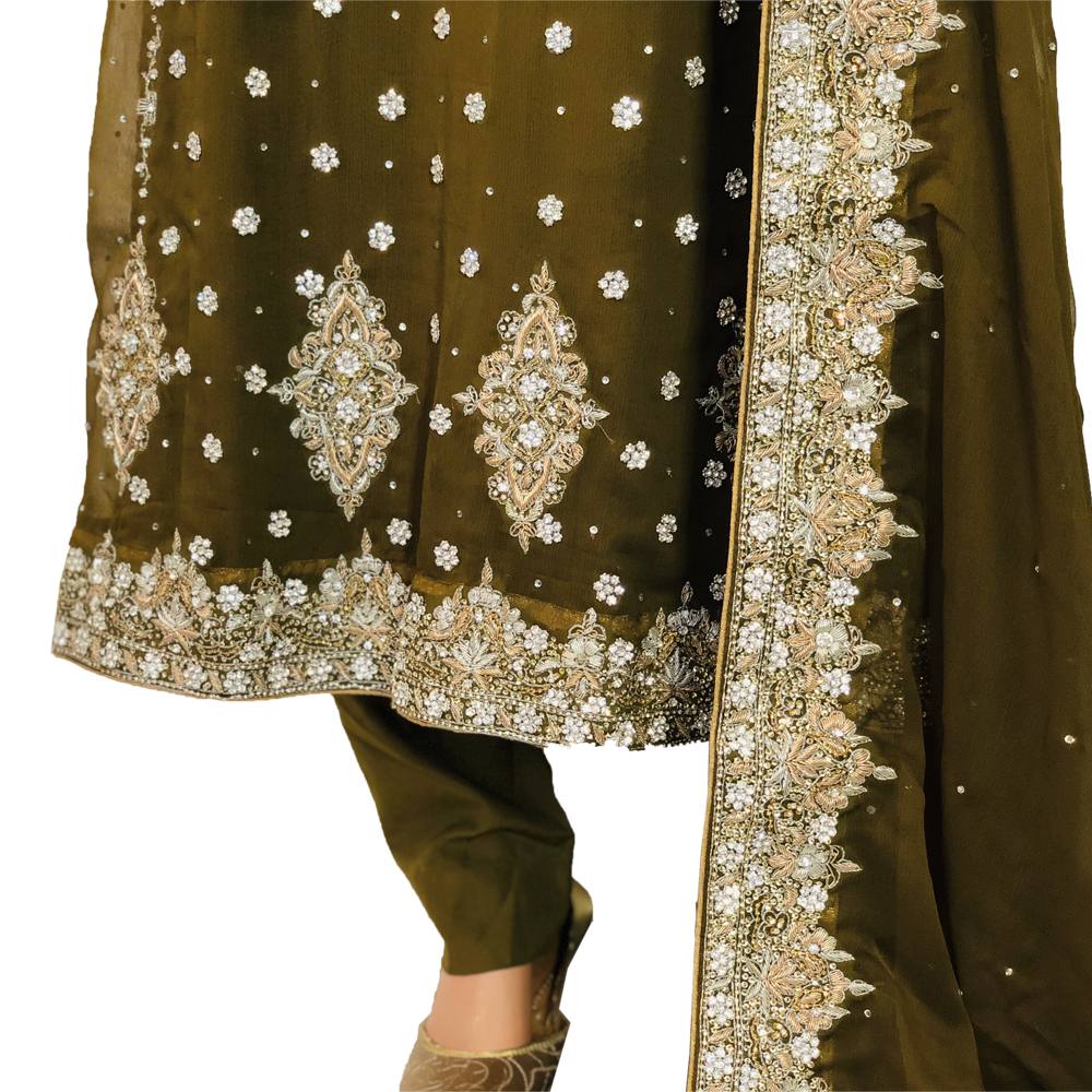 Olive Green Hand Work Chiffon Maxi with Banarsi Jamawar Piping, Long Party Wear 008