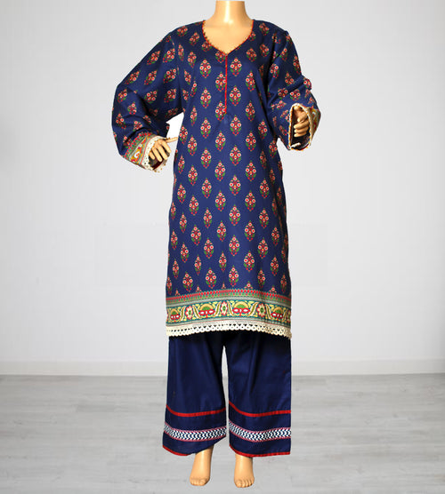 Blue Printed Soft Khaddar 3 Piece Suit with Check Dupatta, KF-54804
