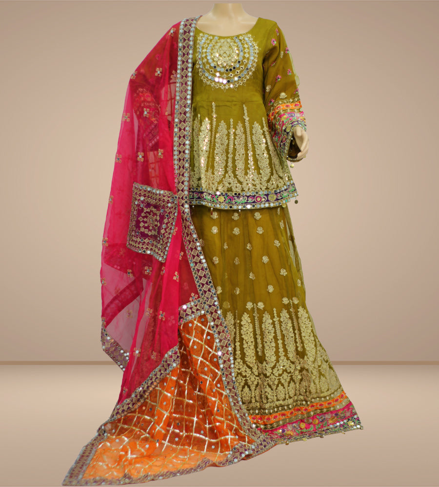 Mehndi Green Bridal Suit with Orange Gharara and Pink Dupatta, Bridal 0013
