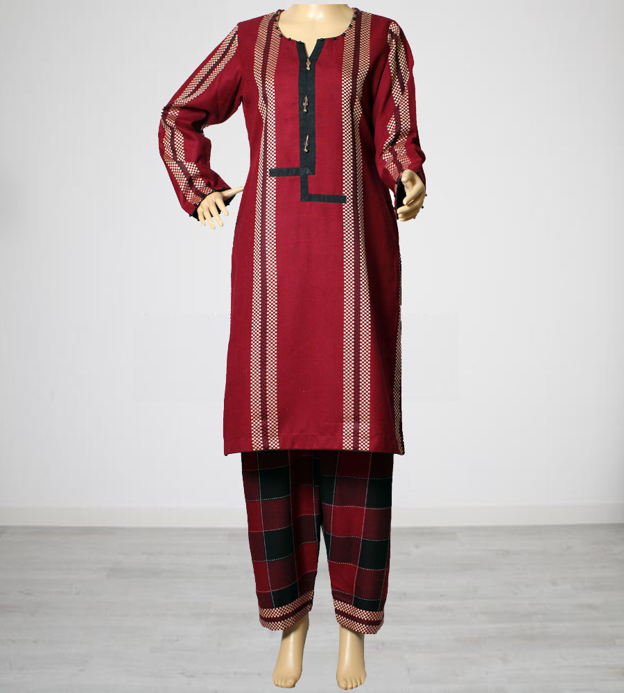 Red Striped Linen 3 Piece Suit with Check Shawl