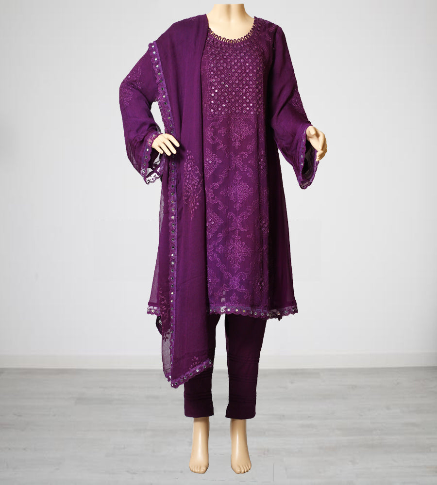 Green Hand Thread and Mirror Work Chiffon Suit with Organza Lace, Panel Style