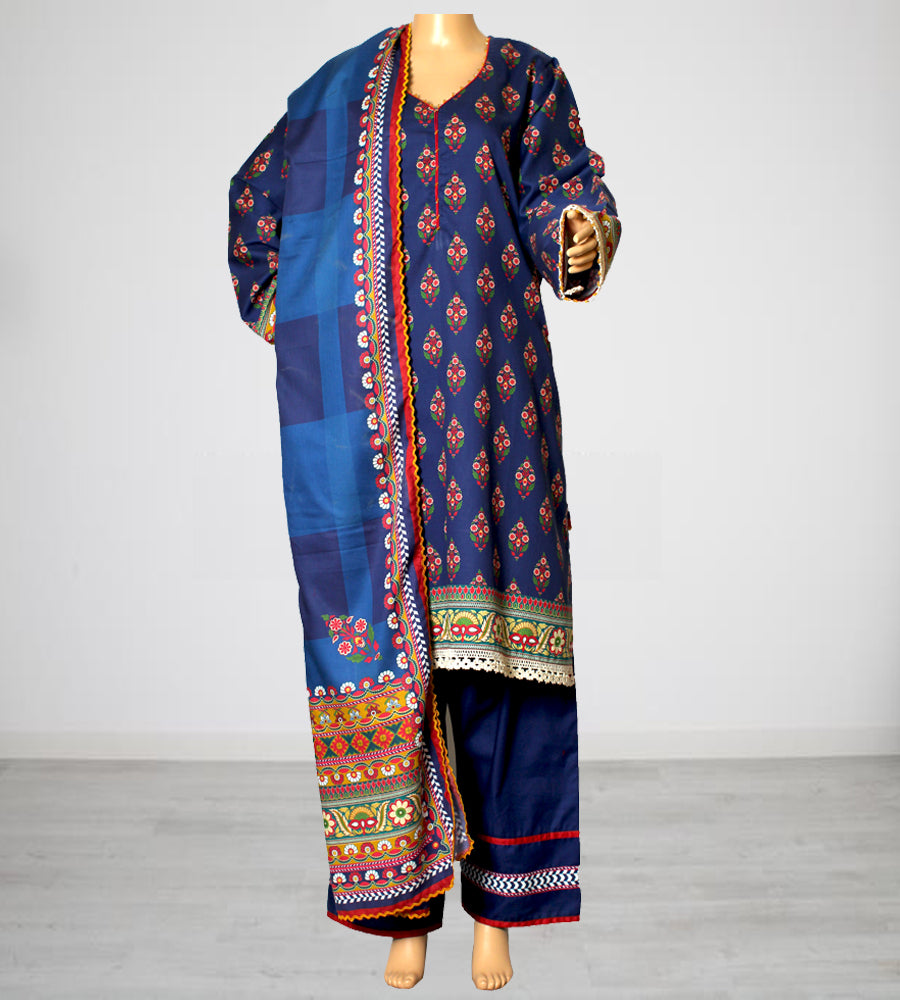 Blue Printed Soft Khaddar 3 Piece Suit with Check Dupatta, KF-54804