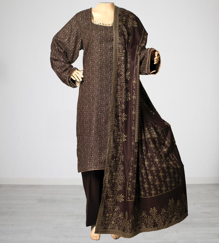 Brown and Gold Print Linen 3 Piece Suit with Matching Shawl, KF-24847