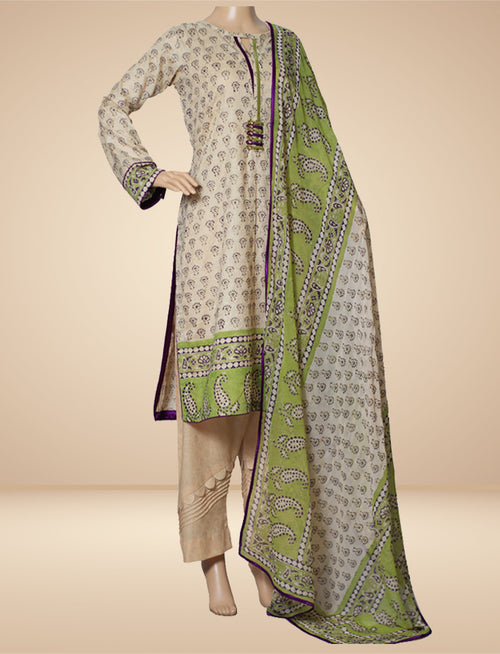 Beige Self Print Lawn Formal Suit with Chiffon Georgette Dupatta, Lawn 057