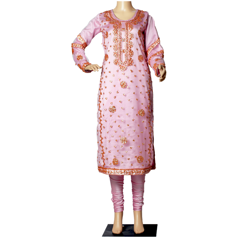 Pink Gotta Hand Work Net Suit with Banarsi Jamawar Piping and Churidar Pajama