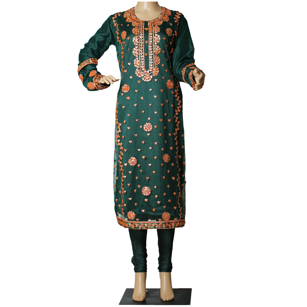 Bottle Green Gotta Hand Work Net Suit with Banarsi Jamawar Piping and Churidar Pajama